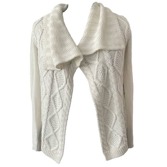 CAbi open cable knit mix media beige cardigan 100% cotton, trapped front Sz: XS - Picture 4 of 10